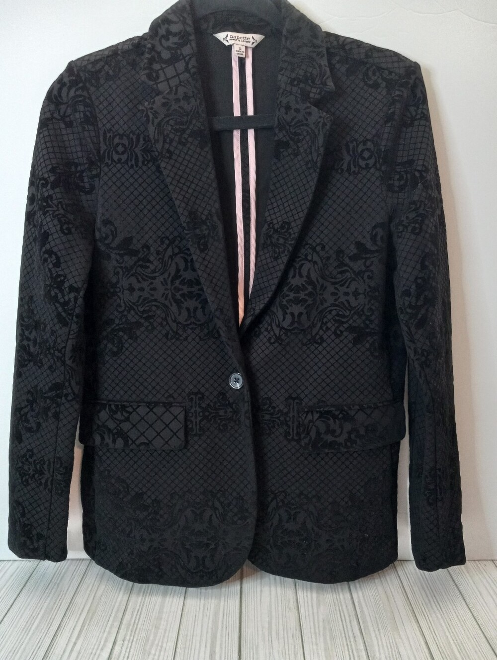 Nanette Lepore Whimsigoth Black Damask Velvet Flocked Textured Blazer Jacket